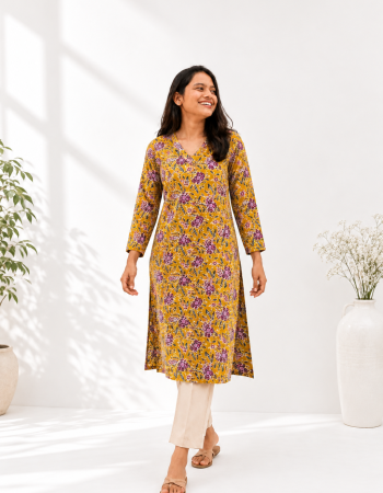 MUSTARD PINK FLORAL LONG STRAIGHT KURTI