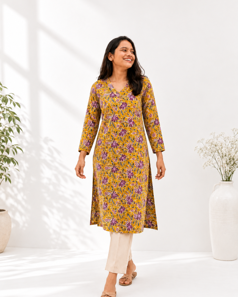 MUSTARD PINK FLORAL LONG STRAIGHT KURTI