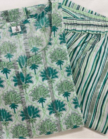 GREEN SILVER STRIPES KURTA BOTTOM SET