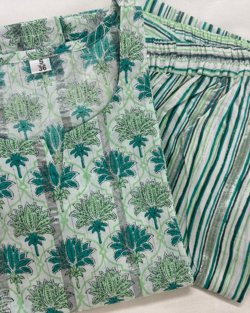 GREEN SILVER STRIPES KURTA BOTTOM SET