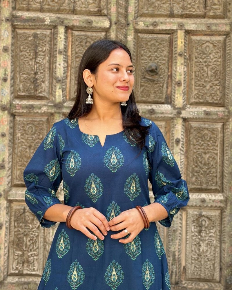 DARK BLUE MOTIFS A LINE KURTI