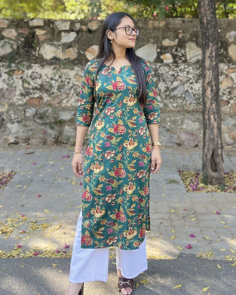 GREEN FLORALS LONG STRAIGHT KURTI