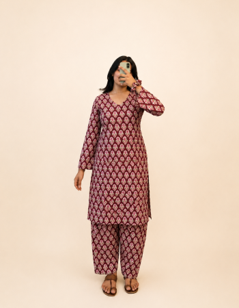 MAROON HANDBLOCK KURTA BOTTOM SET