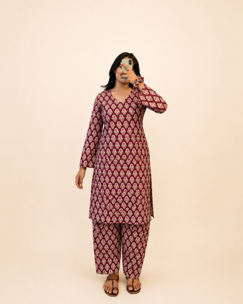MAROON HANDBLOCK KURTA BOTTOM SET