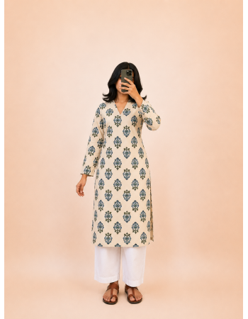 BLUE FLOWER BOOTA LONG STRAIGHT KURTI