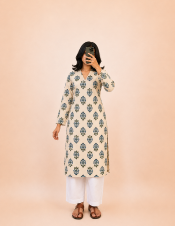 BLUE FLOWER BOOTA LONG STRAIGHT KURTI