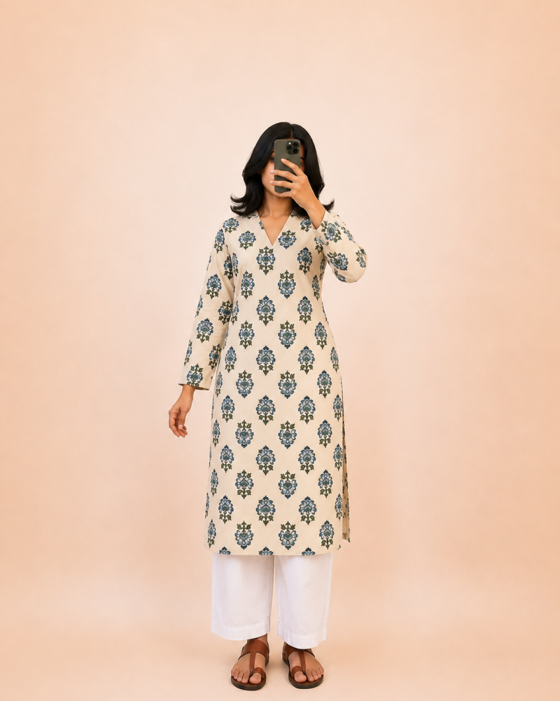 BLUE FLOWER BOOTA LONG STRAIGHT KURTI