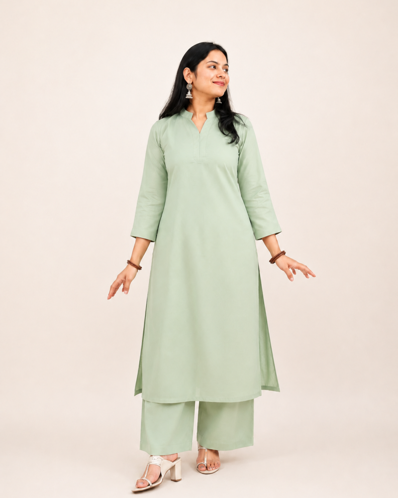 SOLID PISTA GREEN KURTA BOTTOM SET