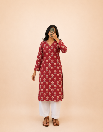 PINK FLOWER MOTIF LONG STRAIGHT KURTI