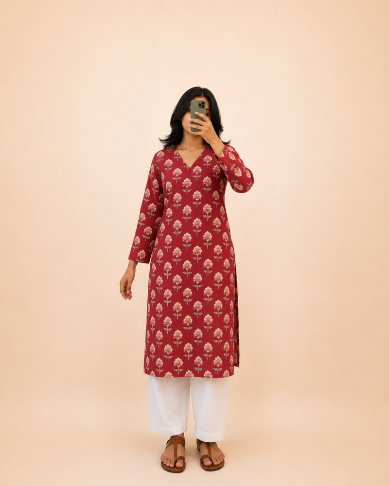 PINK FLOWER MOTIF LONG STRAIGHT KURTI