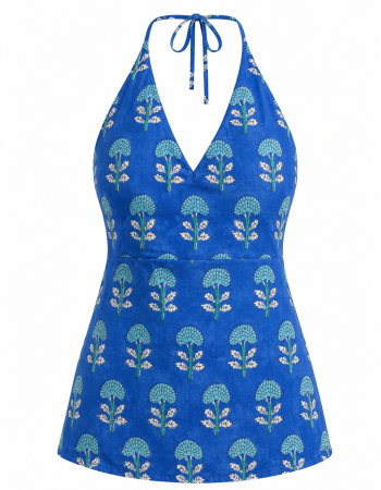 BLUE MOTIF HANDBLOCK BACKLESS SHORT KURTI