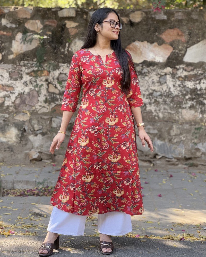 RED FLORALS A LINE KURTI 