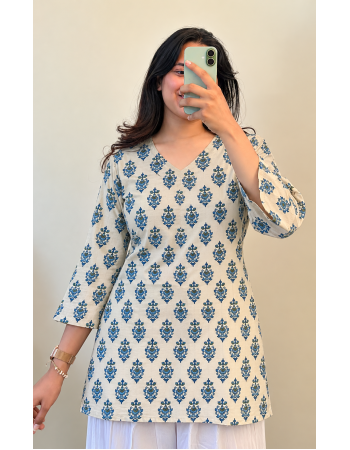 BLUE FLOWER BOOTA SHORT STRAIGHT KURTI