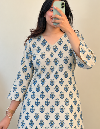BLUE FLOWER BOOTA SHORT STRAIGHT KURTI