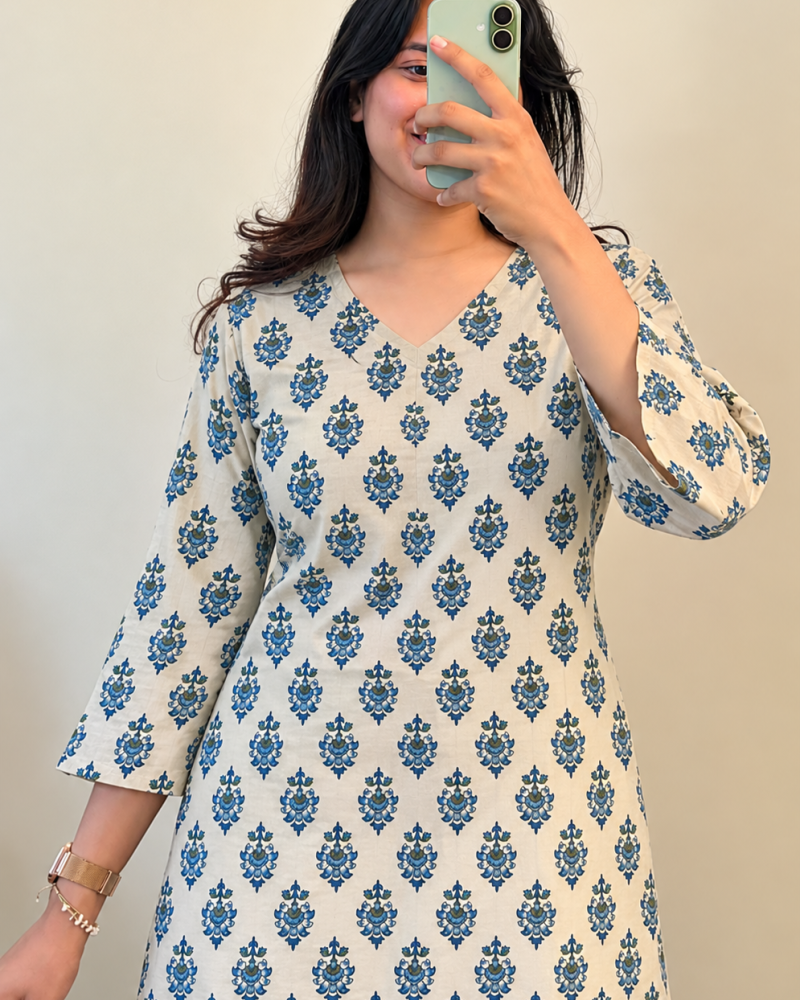 BLUE FLOWER BOOTA SHORT STRAIGHT KURTI