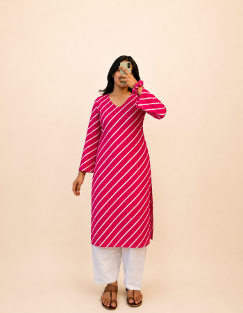 PINK LEHERIYA LONG STRAIGHT KURTI