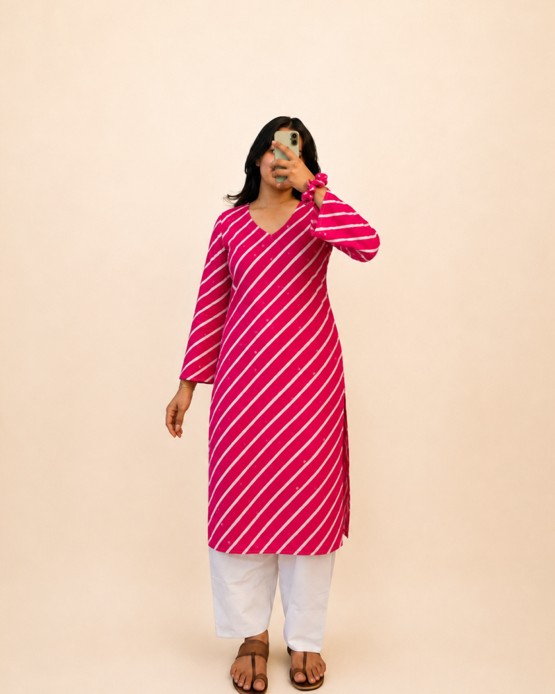PINK LEHERIYA LONG STRAIGHT KURTI