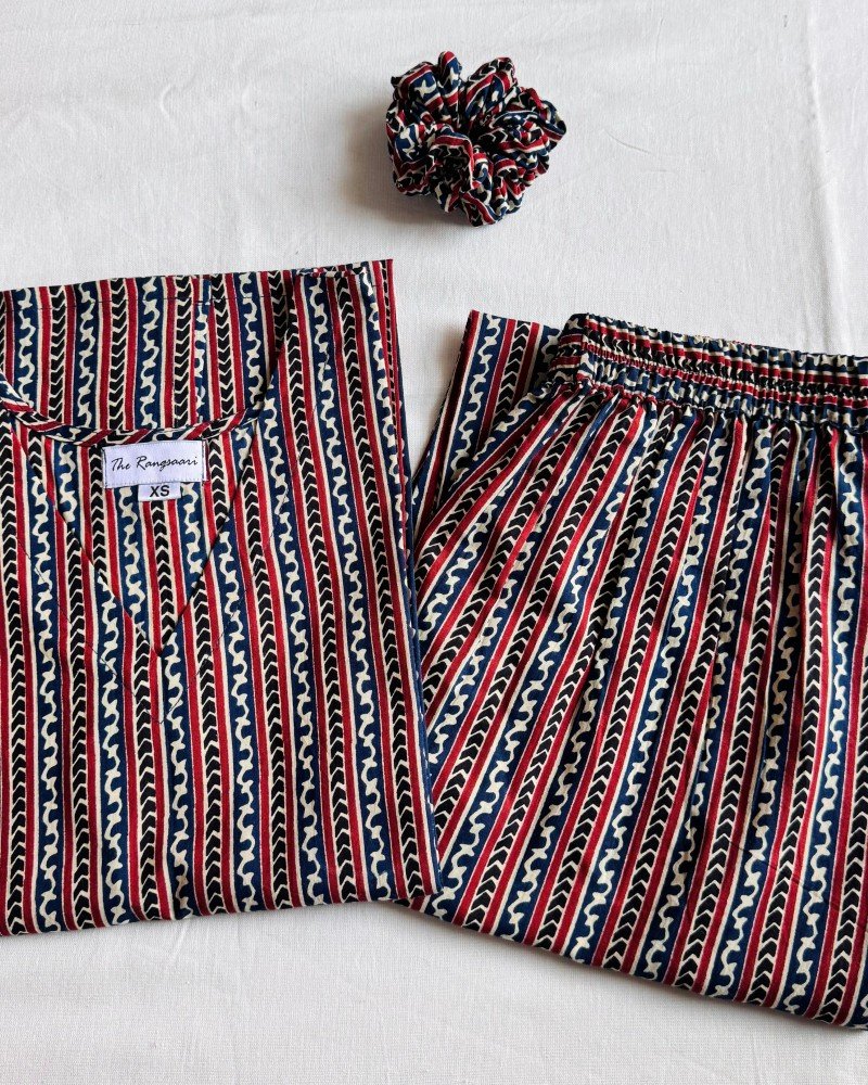 BLUE MAROON STRIPES KURTA BOTTOM SET
