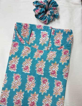 BLUE FLORAL MOTIF LONG STRAIGHT KURTI
