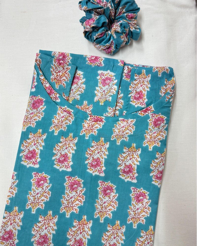 BLUE FLORAL MOTIF LONG STRAIGHT KURTI