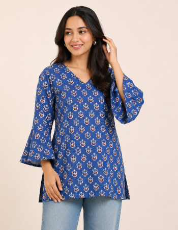 INDIGO MOTIF SHORT STRAIGHT KURTI