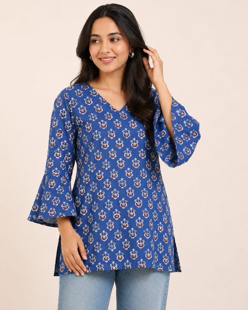 INDIGO MOTIF SHORT STRAIGHT KURTI