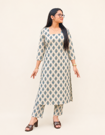 BLUE FLOWER BOOTA KURTA BOTTOM SET