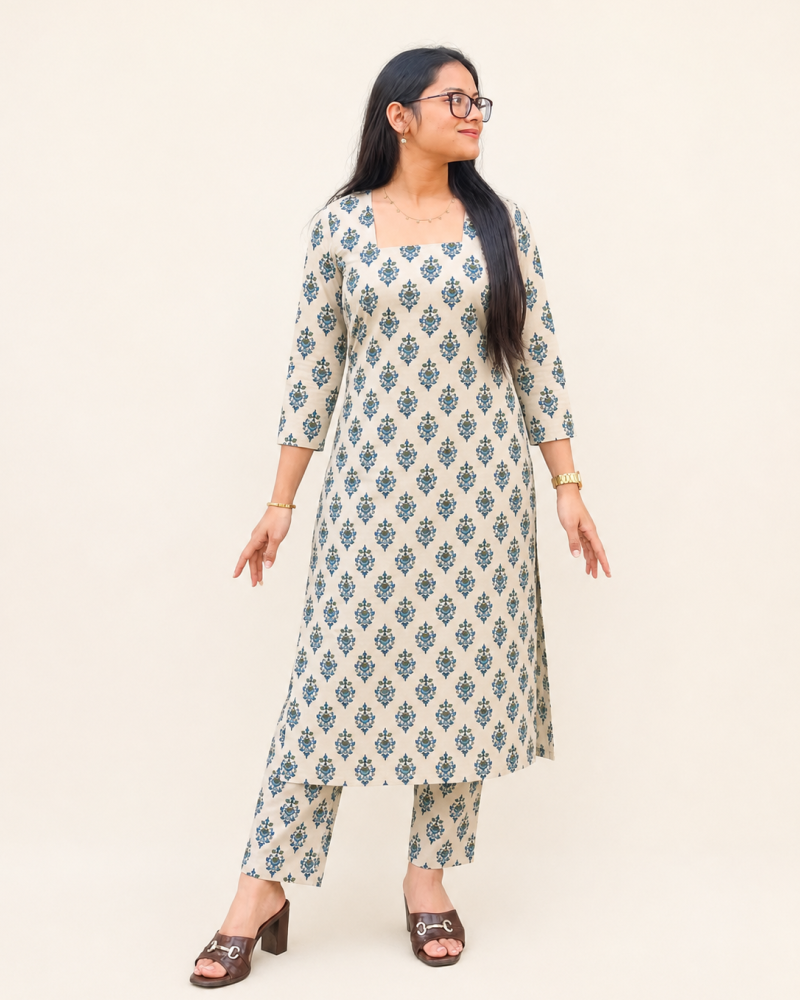 BLUE FLOWER BOOTA KURTA BOTTOM SET