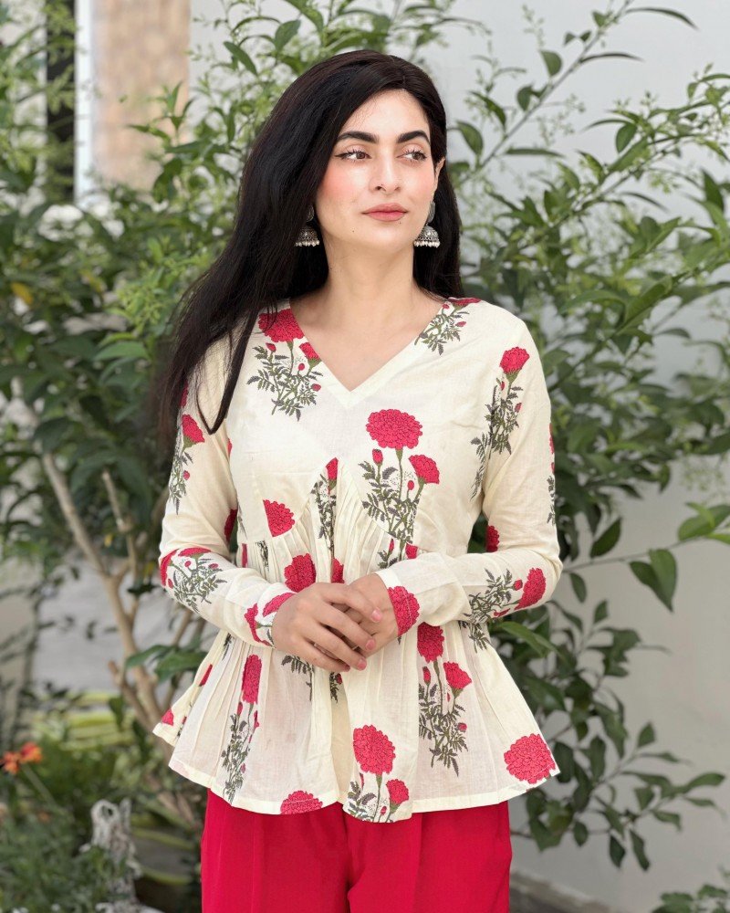 RED FLOWER BOOTA CLAIRE TOP