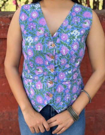 BLUE FLORAL HANDBLOCK VEST TOP