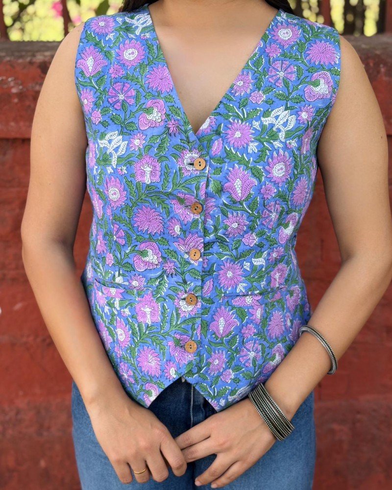 BLUE FLORAL HANDBLOCK VEST TOP