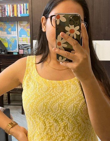 YELLOW DUAL SHADE CHIKANKARI LONG STRAIGHT KURTI