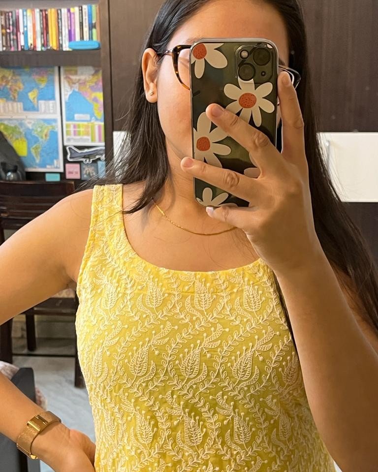 YELLOW DUAL SHADE CHIKANKARI LONG STRAIGHT KURTI