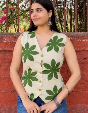 GREEN FLOWER HANDBLOCK VEST TOP