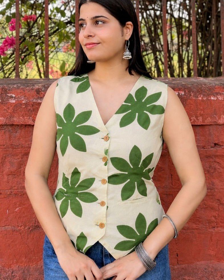 GREEN FLOWER HANDBLOCK VEST TOP