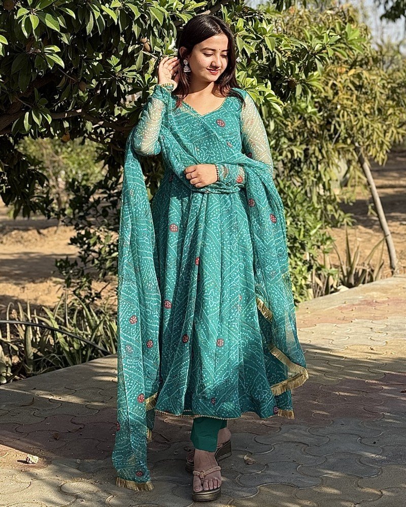 SEA GREEN CHIFFON BANDHEJ ANARKALI