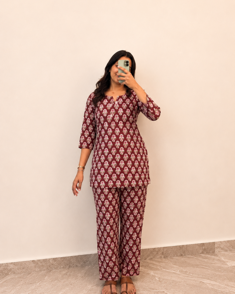 MAROON MOTIF HANDBLOCK NIGHT SET