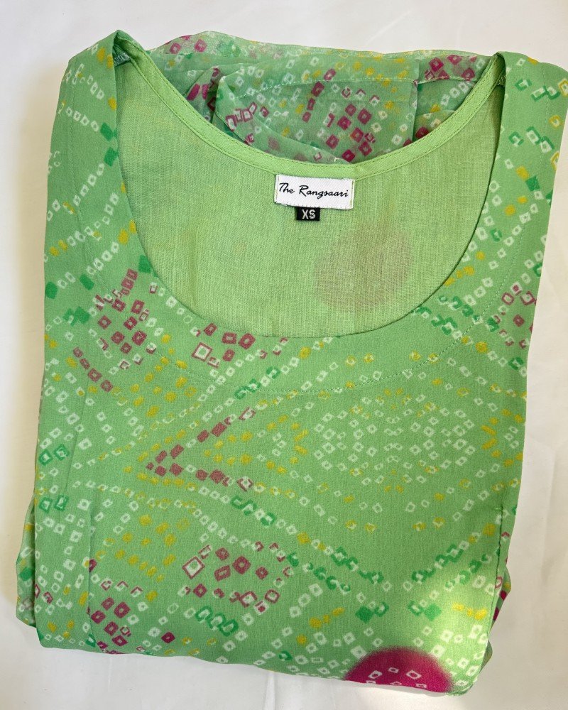 PISTA GREEN BANDHEJ GORGETTE LONG STRAIGHT KURTI