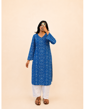 BLUE BANDHEJ LONG STRAIGHT KURTI