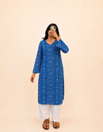 BLUE BANDHEJ LONG STRAIGHT KURTI