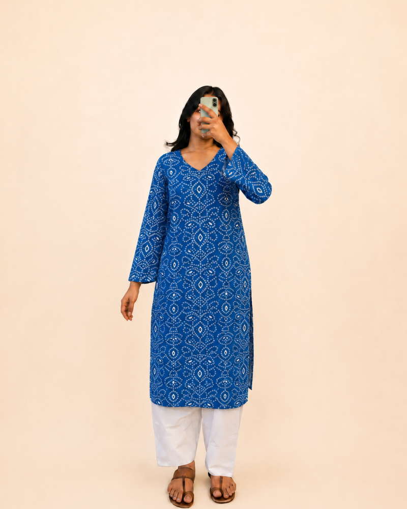 BLUE BANDHEJ LONG STRAIGHT KURTI