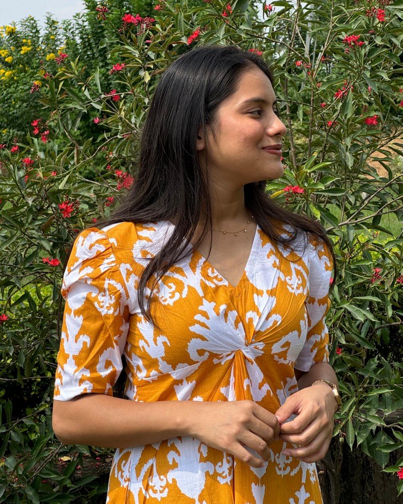 YELLOW FLOWER BOOTA ROSE DRESS