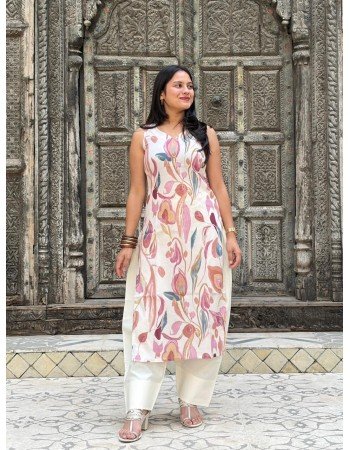 BEIGE MAUVE FLORAL LONG STRAIGHT KURTI