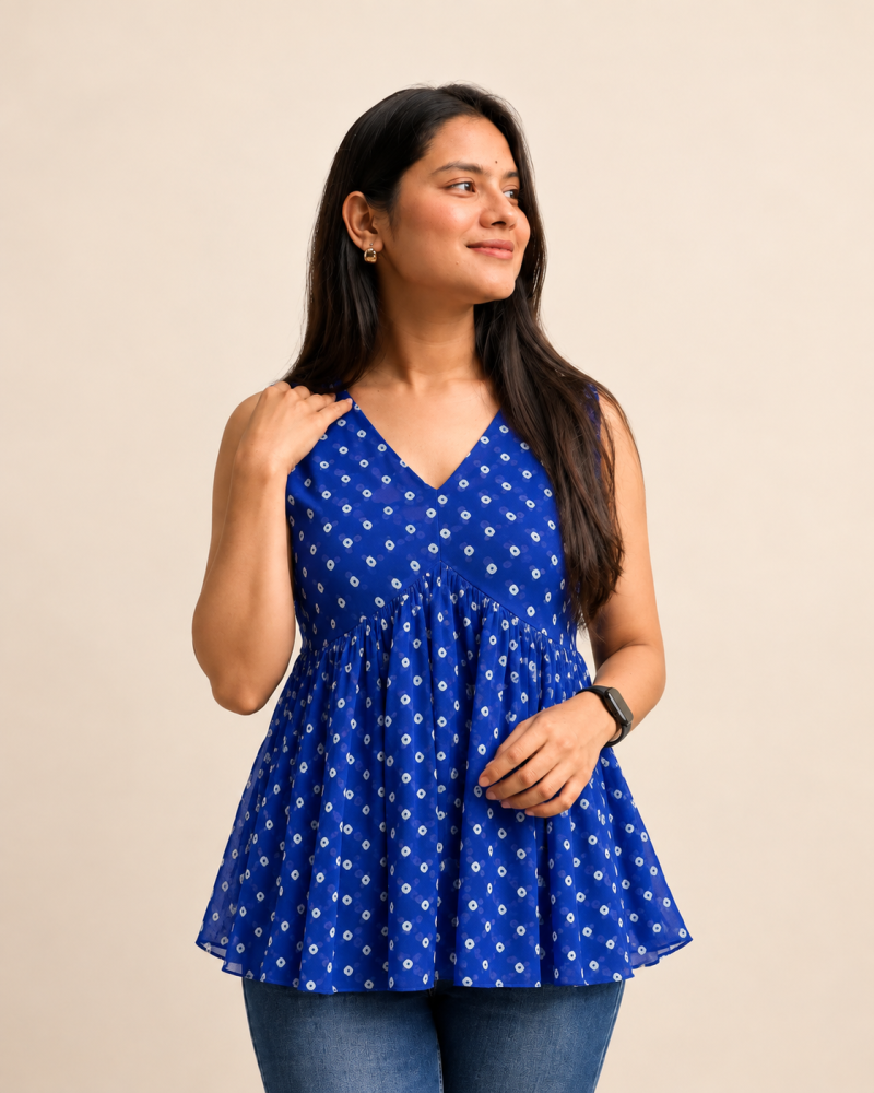 BLUE BANDHANI GEORGETTE CLAIRE TOP