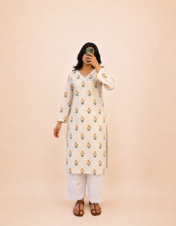 OFF WHITE YELLOW FLOWER BOOTA LONG STRAIGHT KURTI