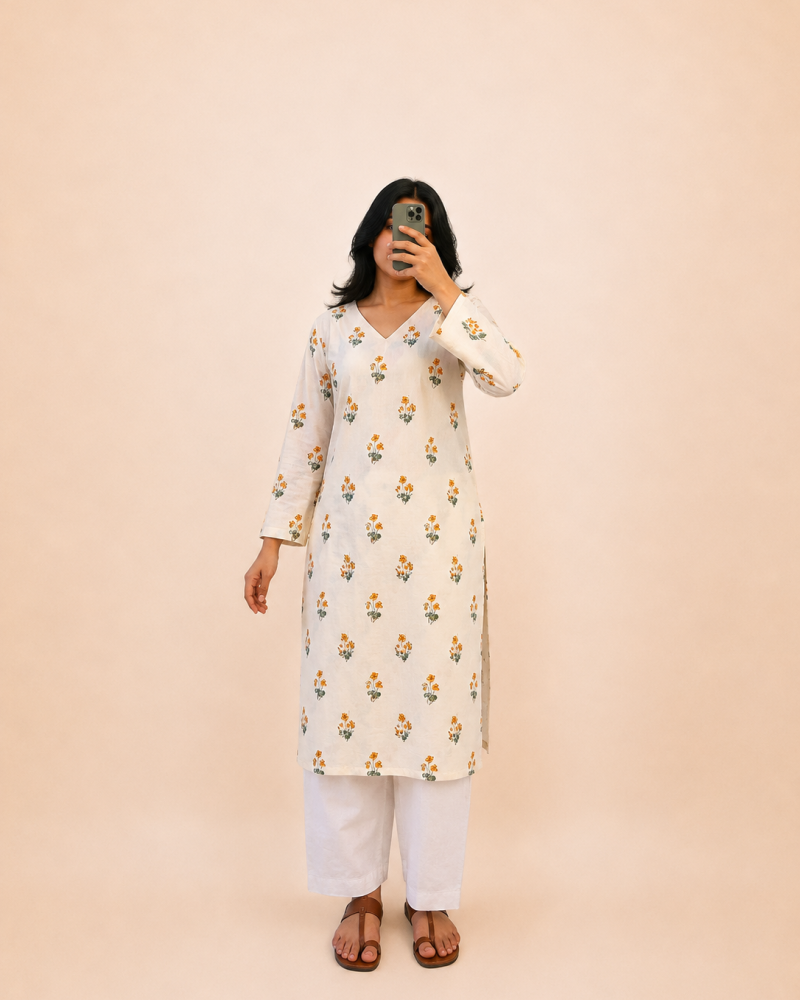 OFF WHITE YELLOW FLOWER BOOTA LONG STRAIGHT KURTI