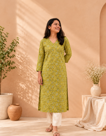 GREEN FLORAL LONG STRAIGHT KURTI