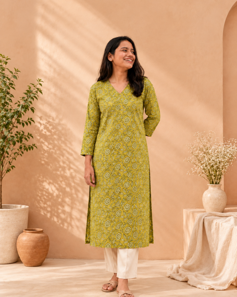 GREEN FLORAL LONG STRAIGHT KURTI