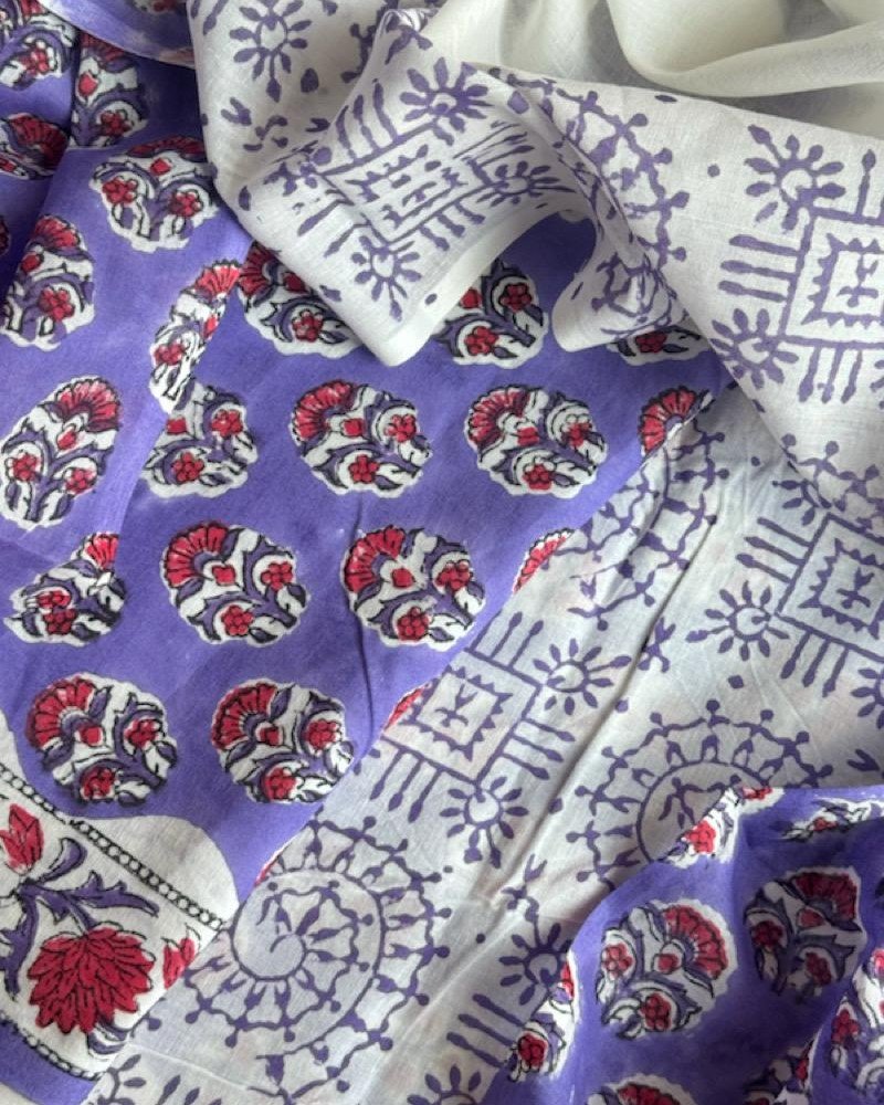 PURPLE FLORAL MOTIF COTTON SUIT SET