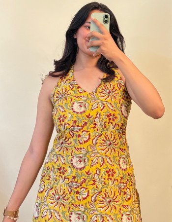 MUSTARD FLORAL BACKLESS SHORT KURTI